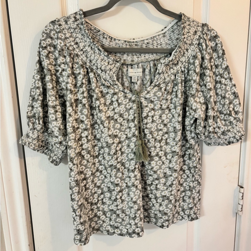 Lucky Brand Smocked Neck Floral Peasant Top 100% Cotton Women’s Small Boho